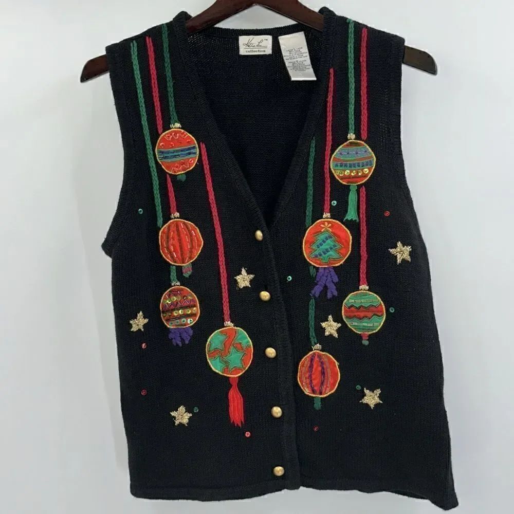 Vintage Kathie Lee Embellished Christmas Sweater Vest With Ornaments Size Large